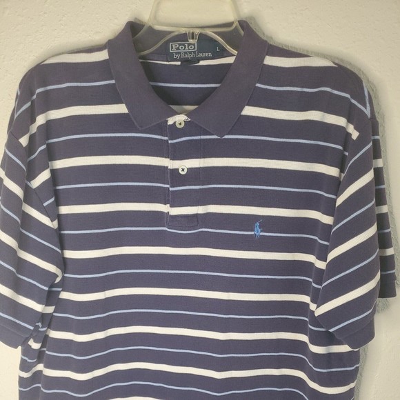 Polo by Ralph Lauren Mens Blue Polo W/Blue White Stripes Shirt Blue Pony Size L - Picture 3 of 6